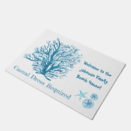 アクアティール(緑がかった色)ブルーサンドドル、サンゴ、ヒトデ ドアマット (アングル)