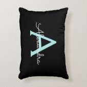 アクアティール（緑がかった色）ブルースクリプガーリートモノグラム名 アクセントクッション (正面(垂直))