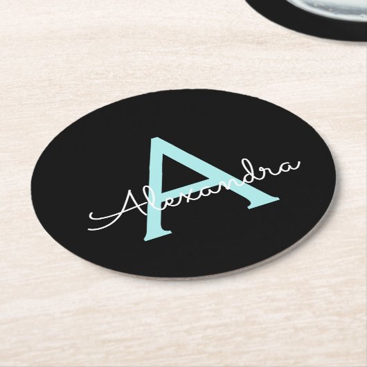 アクアティール(緑がかった色)ブルースクリプガーリートモノグラム名 ラウンドペーパーコースター (アングル)