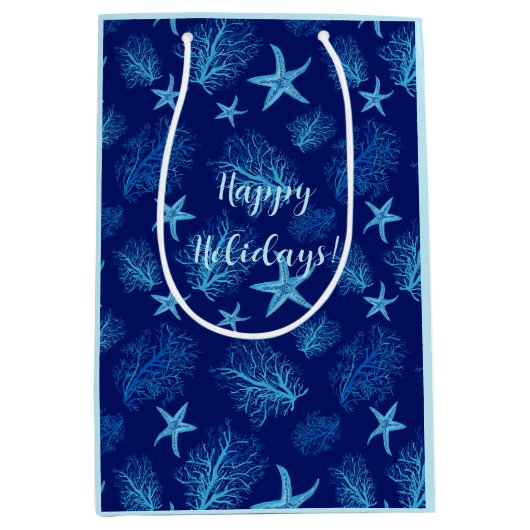 アクアティール(緑がかった色)ブルーヒトデ珊瑚wカスタム ミディアムペーパーバッグ (正面)