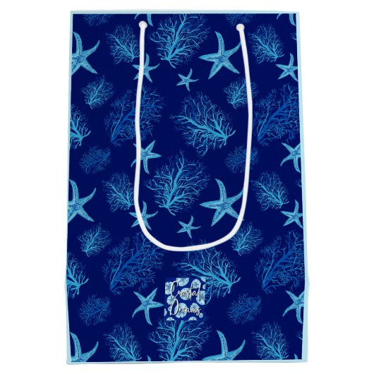 アクアティール(緑がかった色)ブルーヒトデ珊瑚wカスタム ミディアムペーパーバッグ (裏面)