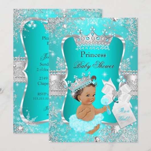 アクアティール（緑がかった色）ブループリンセスベビーシャワーブルネット 招待状 (正面/裏面)