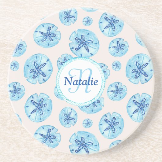 アクアティール（緑がかった色）ブルー砂ドル水カラー名前をカスタムする コースター (正面)