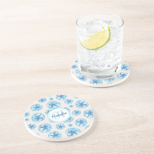 アクアティール(緑がかった色)ブルー砂ドル水カラー名前をカスタムする コースター (側面)