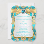 アクアティール(緑がかった色)ブルー金ゴールドダマスクバースデーパーティー招待状 招待状 (正面)