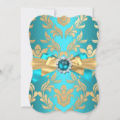 アクアティール(緑がかった色)ブルー金ゴールドダマスクバースデーパーティー招待状 招待状 (裏面)
