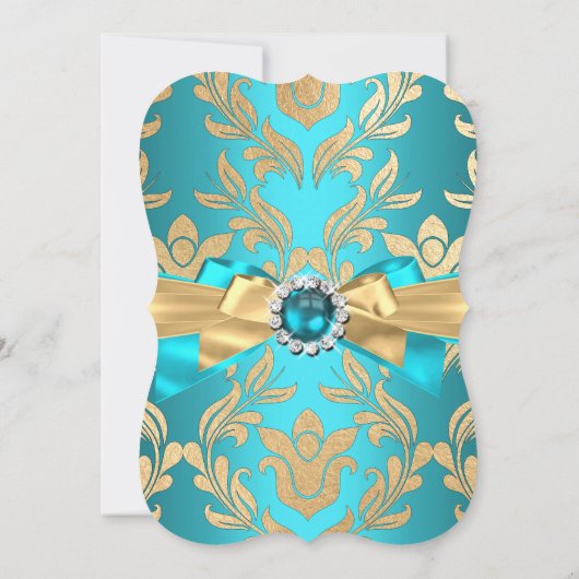アクアティール（緑がかった色）ブルー金ゴールドダマスクバースデーパーティー招待状 招待状 (裏面)