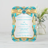 アクアティール(緑がかった色)ブルー金ゴールドダマスクバースデーパーティー招待状 招待状 (スタンド正面)