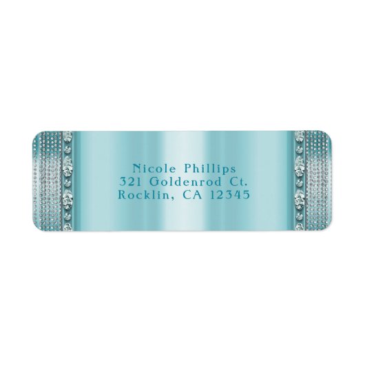 アクアティール（緑がかった色）ブルー&シルバーダイヤモンドきらきら光る招待状 ラベル (正面)