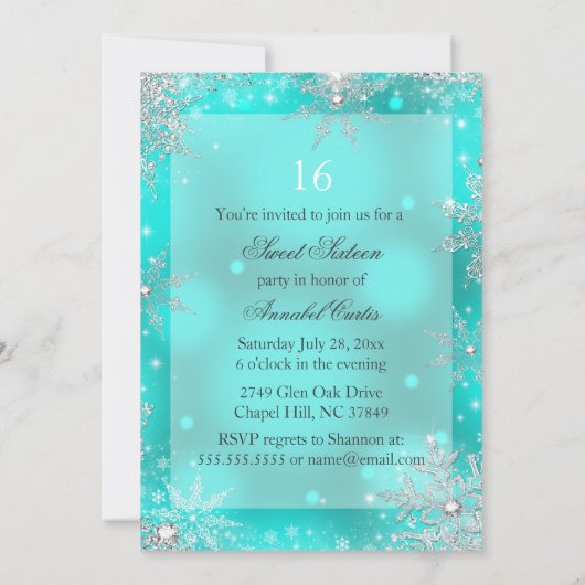アクアティール（緑がかった色）プリンセスウィンターワンダーランドスウィート16 招待状 (裏面)
