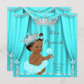 アクアティール（緑がかった色）プリンセスベビーシャワーシルバーエスニック 招待状 (正面/裏面)