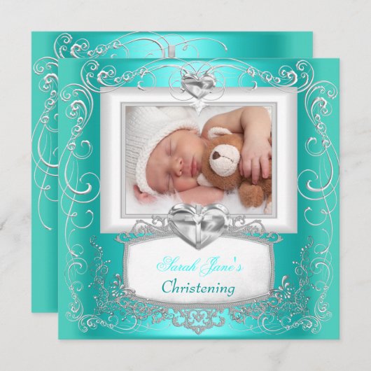 アクアティール（緑がかった色）ベビーガールボーイ《キリスト教》洗礼式や命名式バプティスクロス 案内状 (正面/裏面)
