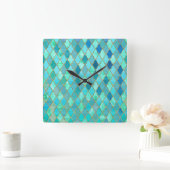 アクアティール（緑がかった色）ミント金ゴールドオリエンタルモロッコタイルパターン スクエア壁時計 (ホーム)