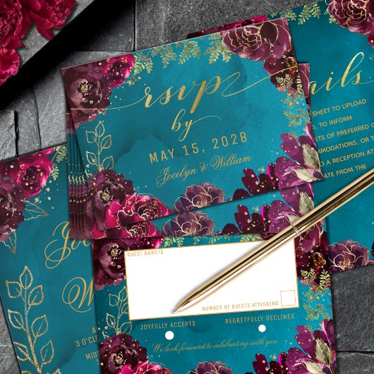 アクアティール（緑がかった色）メルロジュエルトーン金ゴールドウェディングRSVP 出欠カード