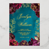 アクアティール(緑がかった色)メルロジュエルト結婚ーン 箔招待状 (正面)