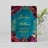 アクアティール(緑がかった色)メルロジュエルト結婚ーン 箔招待状 (立ち正面)