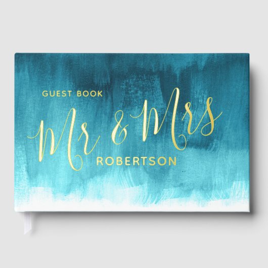 アクアティール（緑がかった色）モダンアートカスタムウェディング ゲストブック (正面)