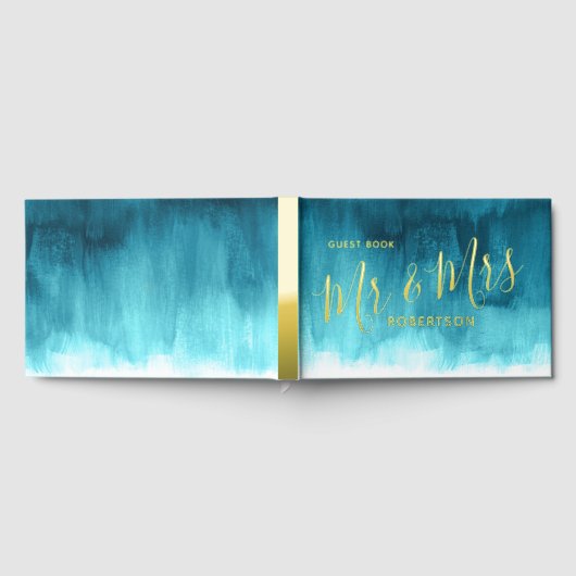 アクアティール(緑がかった色)モダンアートカスタムウェディング ゲストブック (全面)