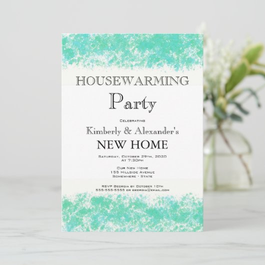 アクアティール(緑がかった色)水彩引っ越し祝いパーティーパーティの招待状 招待状 (スタンド正面)