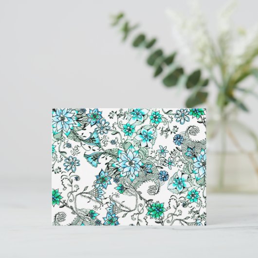 アクアティール（緑がかった色）水色手絵を描のフローラ ポストカード (スタンド正面)