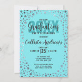 アクアティール(緑がかった色)銀グリッター紙吹雪卒業 招待状 (正面)