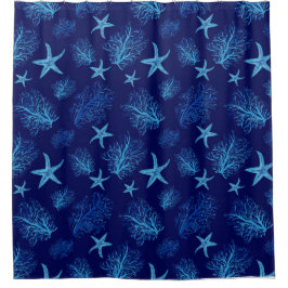 アクアティール（緑がかった色）青ヒトサンゴ水彩デザイン シャワーカーテン