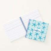 アクアティール(緑がかった色)青ヒトデ水色モノグラムカスタム ノートブック (内部)