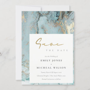 アクアデュスキーブルー金ゴールドアゲートセーブ日付招待状 サンキューカード