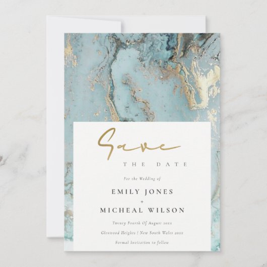 アクアデュスキーブルー金ゴールドアゲートセーブ日付招待状 サンキューカード (正面)