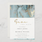 アクアデュスキーブルー金ゴールドアゲートセーブ日付招待状 サンキューカード (正面/裏面)