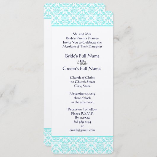 アクアトルキオーズネイビーブルーダマスウェディング招待状 招待状 (正面/裏面)