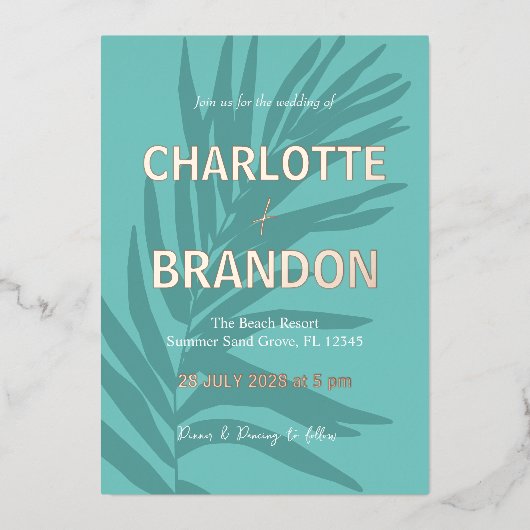アクアトロピカルパーム結婚リーフ 箔招待状 (正面)