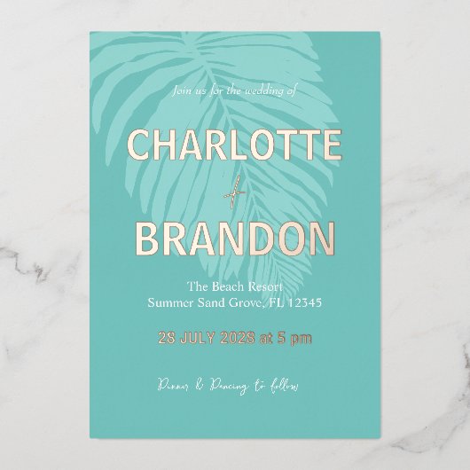 アクアトロピカルパーム結婚リーフ 箔招待状 (正面)