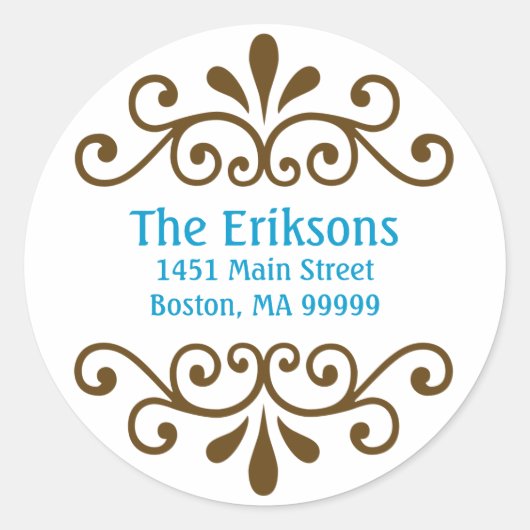 アクアパーソナライズされたで住所 シールをスクロール ラウンドシール (正面)