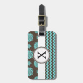 アクアパーソナライズされたと茶色の花がジグザグ ラゲッジタグ (正面縦)