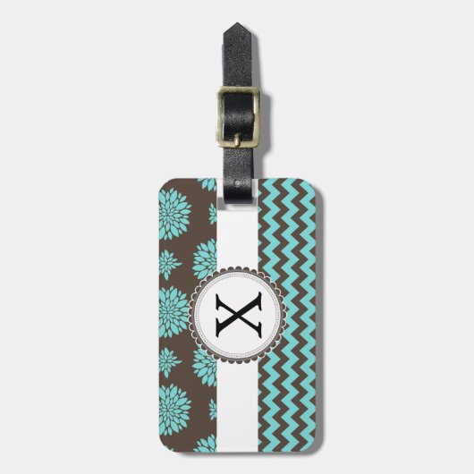 アクアパーソナライズされたと茶色の花がジグザグ ラゲッジタグ (正面縦)