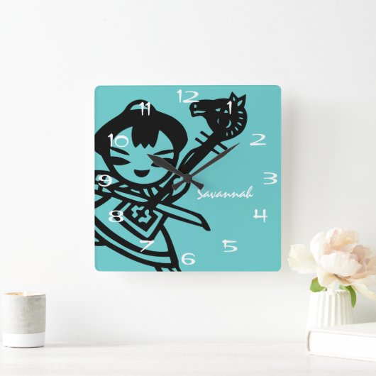 アクアパーソナライズされたアジアンガールヴィンテージスケッチ時計 スクエア壁時計 (ホーム)