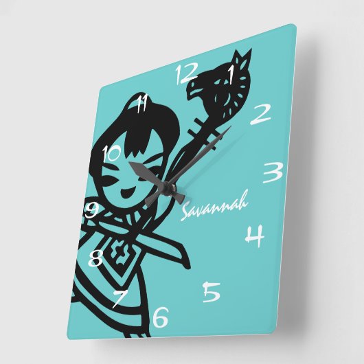 アクアパーソナライズされたアジアンガールヴィンテージスケッチ時計 スクエア壁時計 (傾斜)