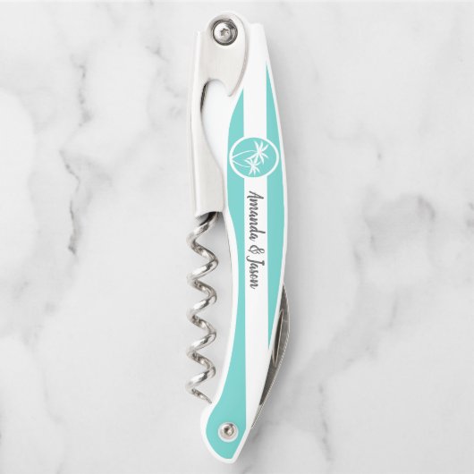 アクアパーソナライズされたパームのロゴとストライプ ソムリエナイフ (正面)