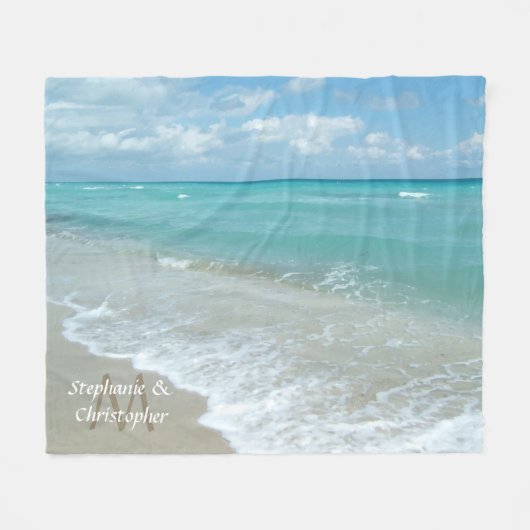 アクアパーソナライズされたビーチ結婚式モノグラム名 フリースブランケット (正面(横))