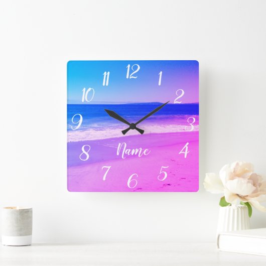 アクアパーソナライズされたピンクグラデーションビーチシーン スクエア壁時計 (ホーム)