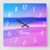 アクアパーソナライズされたピンクグラデーションビーチシーン スクエア壁時計 (正面)