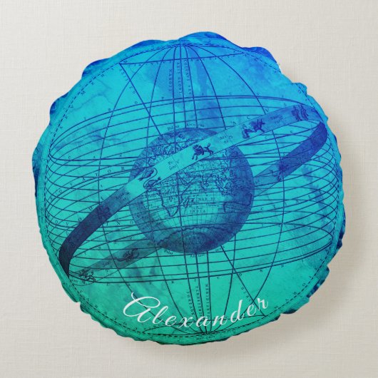 アクアパーソナライズされたブルー天空の地図航海の ラウンドクッション (裏面)