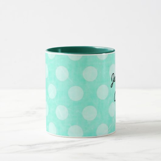 アクアパーソナライズされたホワイトポルカ点々のあるコーヒーマグ マグカップ (中央)