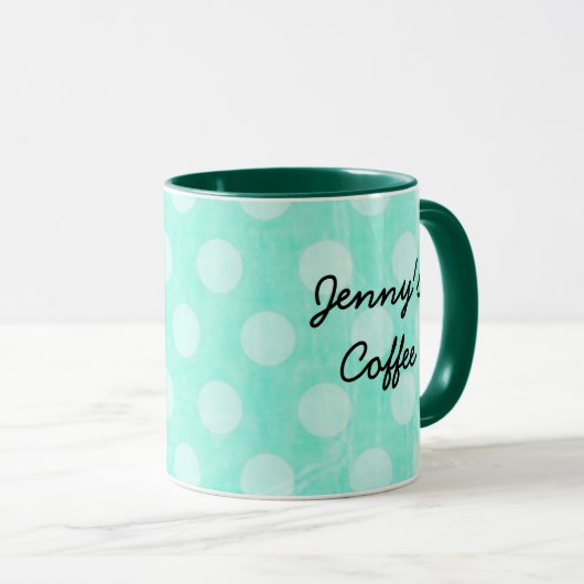 アクアパーソナライズされたホワイトポルカ点々のあるコーヒーマグ マグカップ (正面右)