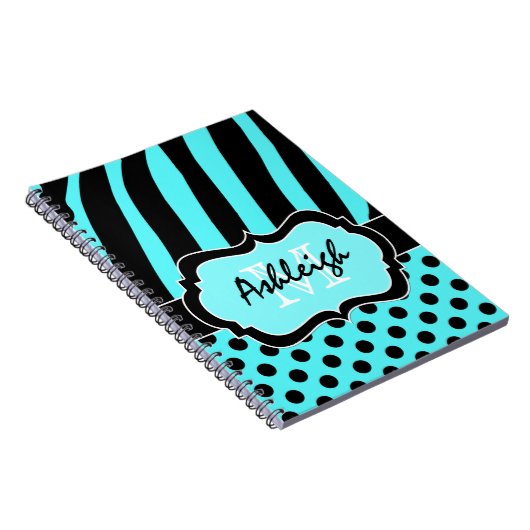 アクアパーソナライズされた白黒ストライプの水玉模様 ノートブック (右側)