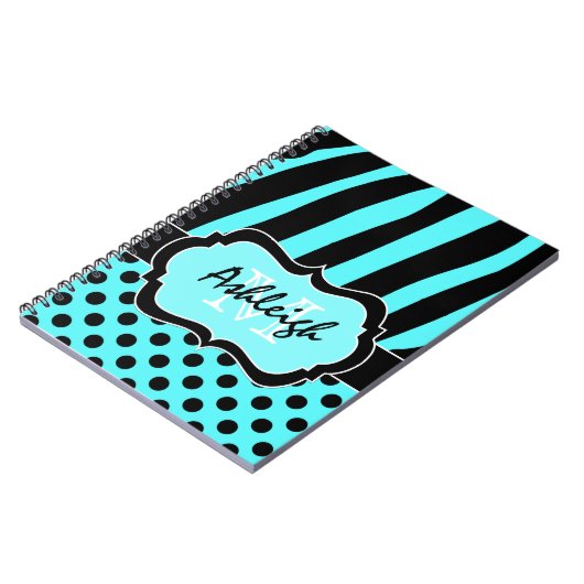 アクアパーソナライズされた白黒ストライプの水玉模様 ノートブック (左側)