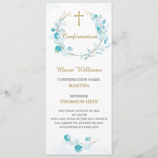 アクアパーソナライズされた確認祈りの言葉カード メニュー (正面)