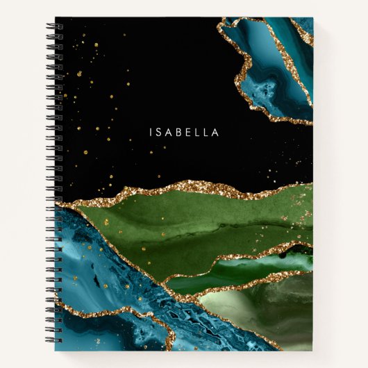 アクアパーソナライズされた/グリーンアゲート付き/金ゴールドグリッター静脈 ノートブック (正面)
