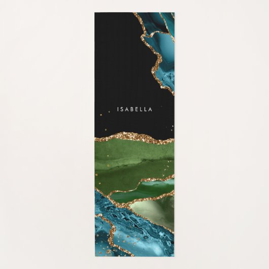 アクアパーソナライズされた/グリーンアゲート付き/金ゴールドグリッター静脈 ヨガマット (正面)